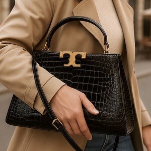SOLD -- $898 LIKE NEW Tory Burch Eleanor Croc Suede Black Satchel